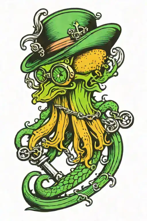 Green Squid With Eyepatch Holding Sword And Anchor