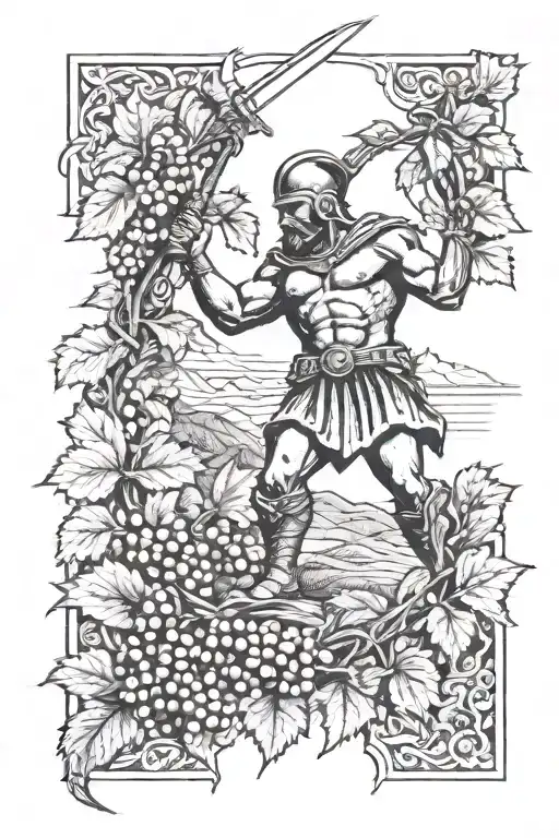 Mountians With Spartan Holding Sword Going Into Grape Vines