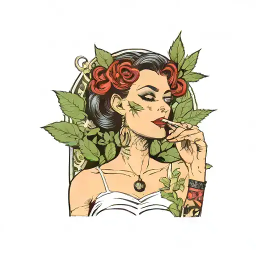 Gothic Woman Smoking A Blunt Surrounded By Weed Leaves