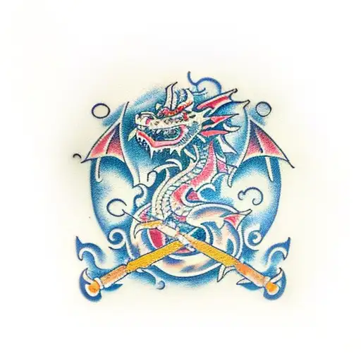 A Traditional Style Dragon Tattoo With Military-themed Elements Like Dog Tags And A Helmet