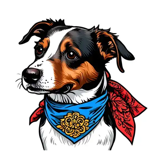 American Traditional Tattoo Style Jack Russel Terrier Dog Looking To The Side With A Bandana On