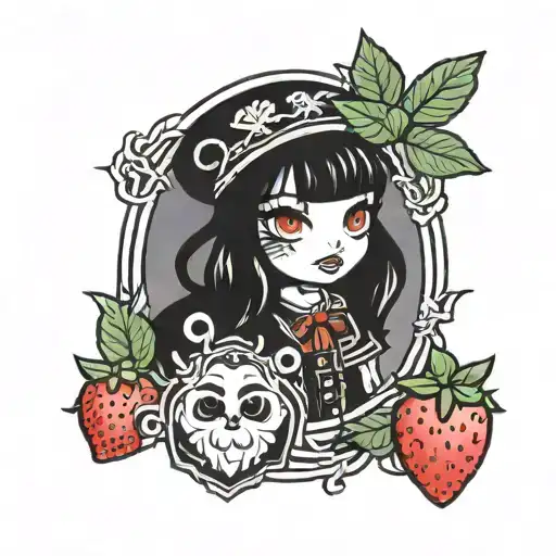 A Gothic-themed Military Insignia Featuring A Kuromi Character And Strawberries