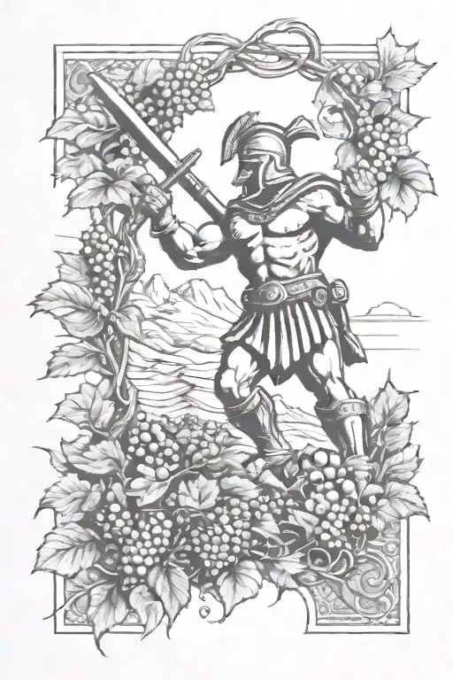 Mountians With Spartan Holding Sword Going Into Grape Vines