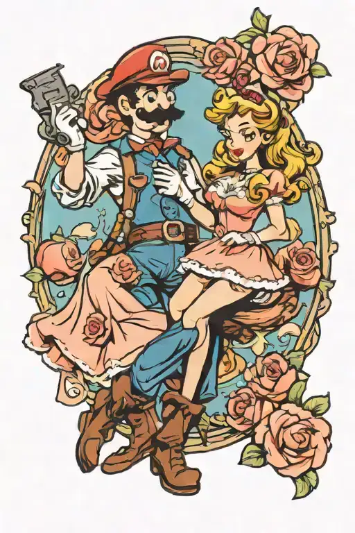 Super Mario Cowboy And Peach Princess Pinup