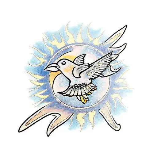 Sun And Black Bird Flying