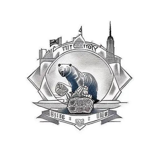 Create A Traditional Tattoo Featuring A Bear And A Turtle In A New York City Skyline