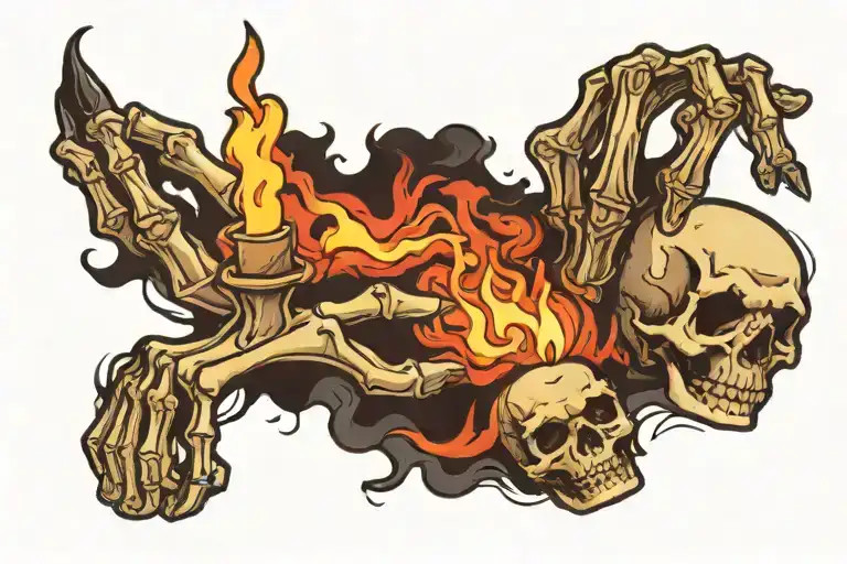 Skeleton Finger Laying On Ground With Finger Tip A Candle Burning With Smoke Rising