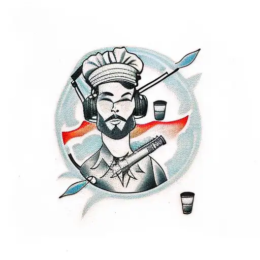 A Traditional Tattoo Of A Dj Mixing Music At A Beach Party