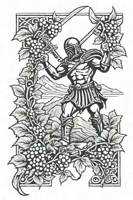 Mountians With Spartan Holding Sword Going Into Grape Vines