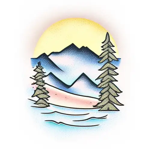 Beach With Mountains And Pine Trees