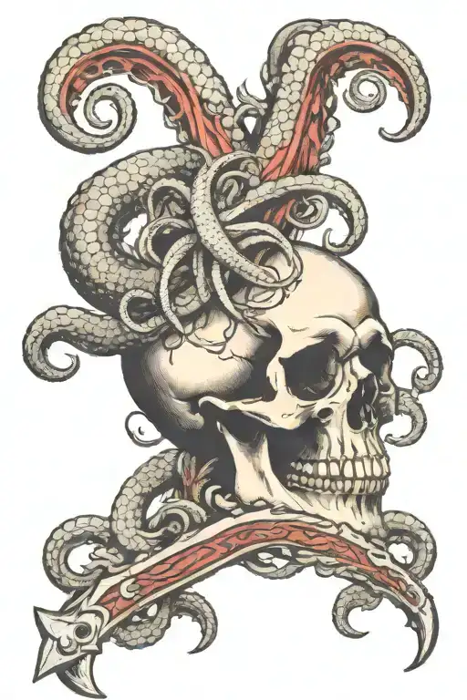 A Dagger With The Blade Piercing Through The Eye Of A Skull Surrounded By Tentacles Of A Kraken