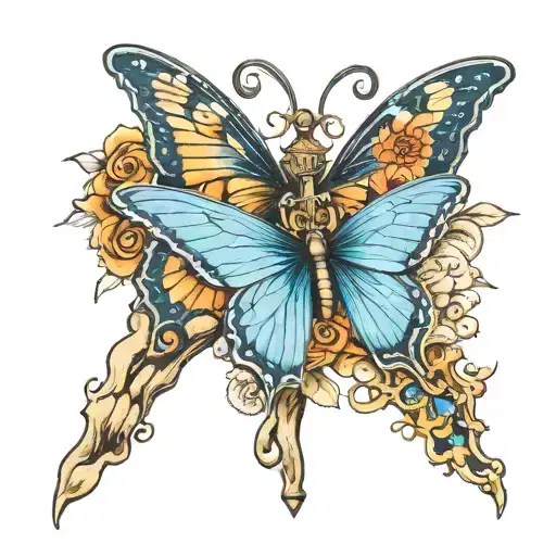 Two Blue Butterflies With A Religious Cross Between Them Symbolizing Faith And Spirits
