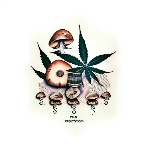 A Traditional-style Tattoo Of A Music Sheet With Cannabis And Mushroom Illustrations