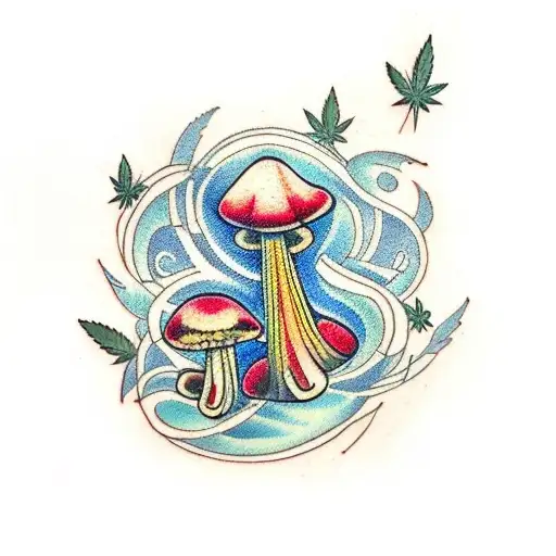 A Traditional-style Tattoo Of A Music Sheet With Cannabis And Mushroom Illustrations