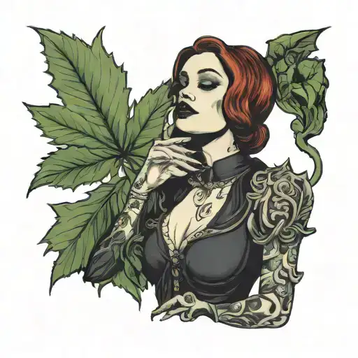 Gothic Woman Smoking A Blunt Surrounded By Weed Leaves