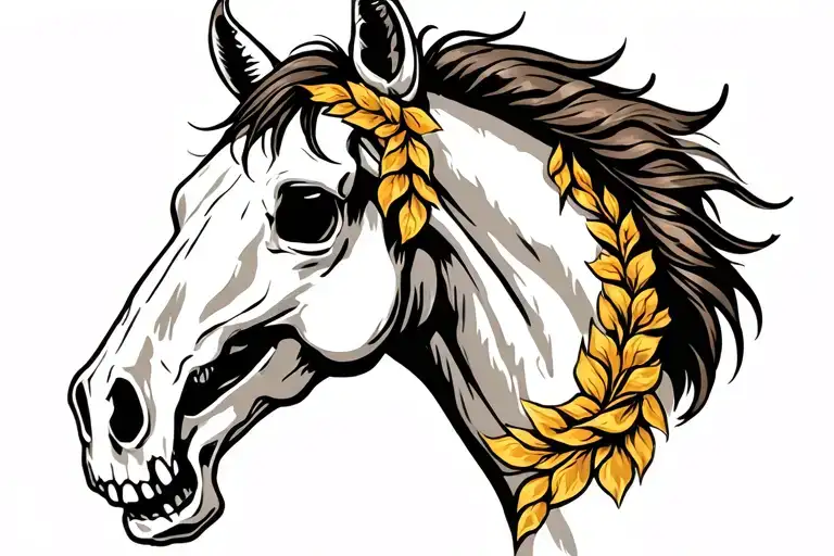 Horse Skull From Side View With No Hair With A Golden Garland Tattoo Design