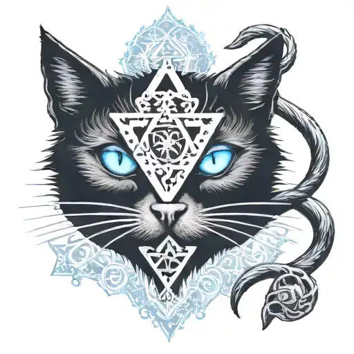 A Mysterious Black Cat With Glowing Blue Eyes Surrounded By Jewish And Messianic Silver Symbols