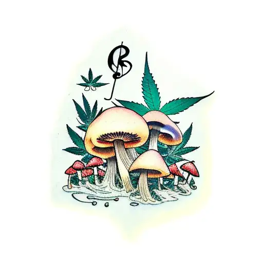 A Traditional-style Tattoo Of A Music Sheet With Cannabis And Mushroom Illustrations