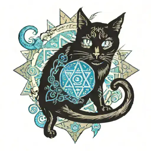 A Mysterious Black Cat With Glowing Blue Eyes Surrounded By Jewish And Messianic Symbols