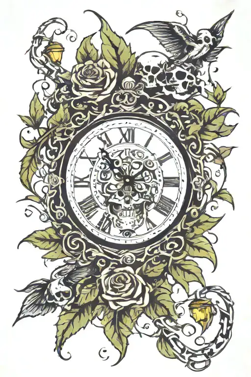 Clock Covered With A Vine With Thorns And Skulls