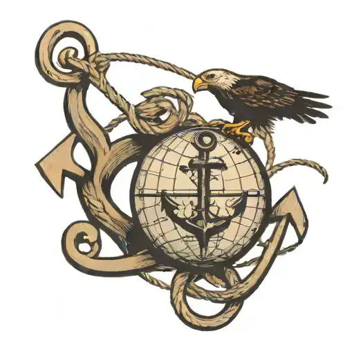 A Globe With An Anchor And Rope Around It With An Eagle