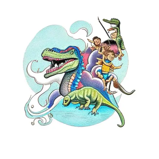 A Traditional Tattoo Design Featuring Your Three Kids Riding On The Back Of A Dinosaur