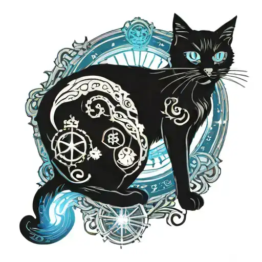 A Mysterious Black Cat With Glowing Blue Eyes Surrounded By Mystical Symbols And Celestial Elements