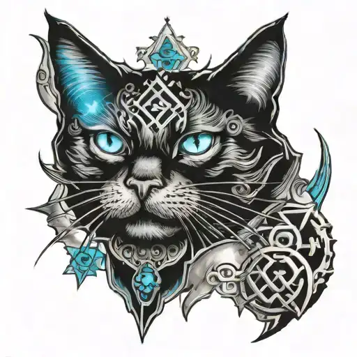A Mysterious Black Cat With Glowing Blue Eyes Surrounded By Jewish And Messianic Silver Symbols