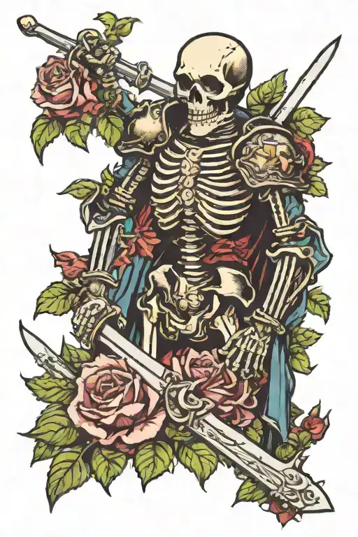 Skeleton Knight With A Sword Laying Dead With Moss And Flowers Growing On Him