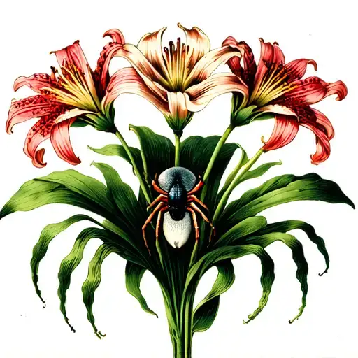 Three Spider Lily's While Having A Spider Holding It Together Like A Bouquet