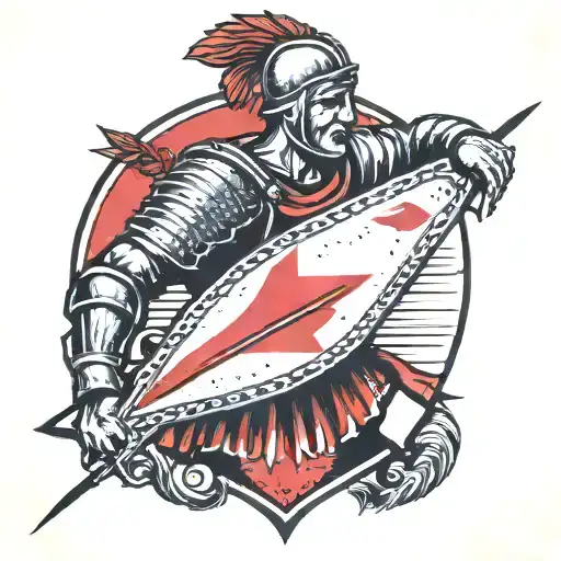 Roman Soldier With Red Arrow Painted On Shield