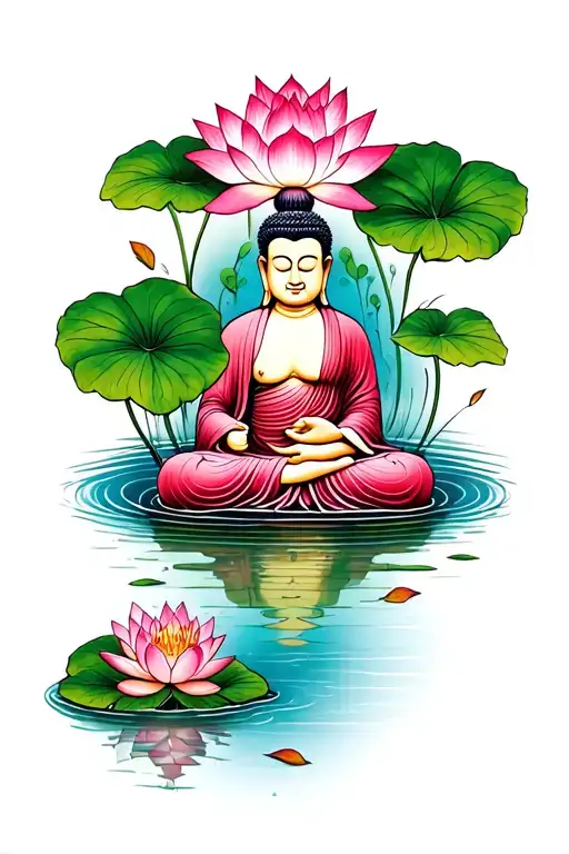 Lotus With Leaves Falling Into A Pond And Buddah Forming A Lake