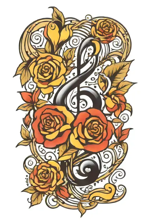 A Traditional Style Tattoo Featuring Musical Notes Intertwined With Symbols Of Love And Family