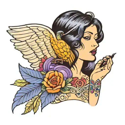 Angel Woman With Black Hair Crying With A Purple Bird Next To Her
