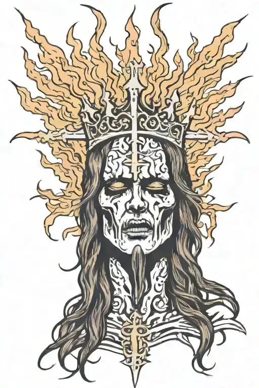 A Black Metal Singer Face With Long Hair And A Minimal Church Burning On His Head