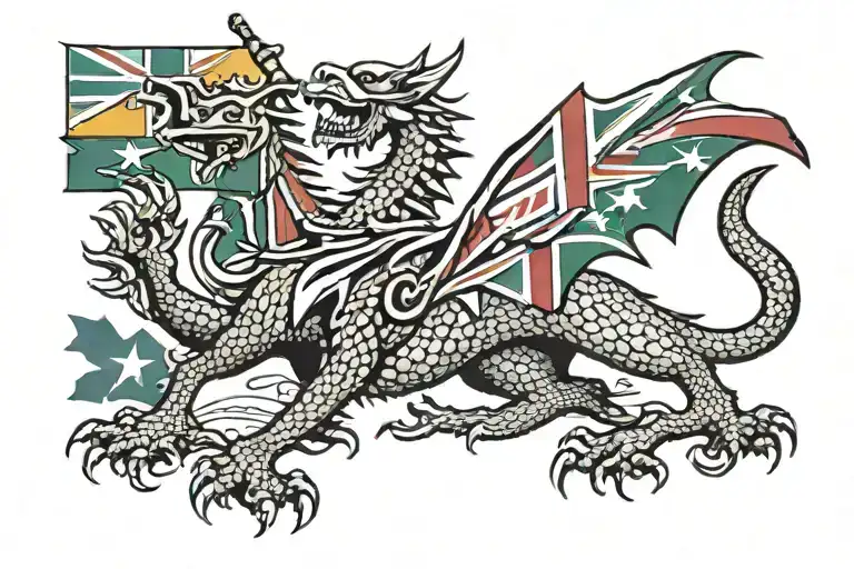 A Red Welsh Dragon Holding An Austrlia Flag And A Jamaica Flag