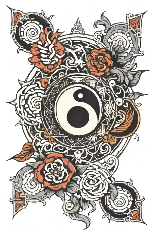 A Traditional Tattoo Design Of A Yin Yang Symbol Surrounded By Intricate Triangles And Knots