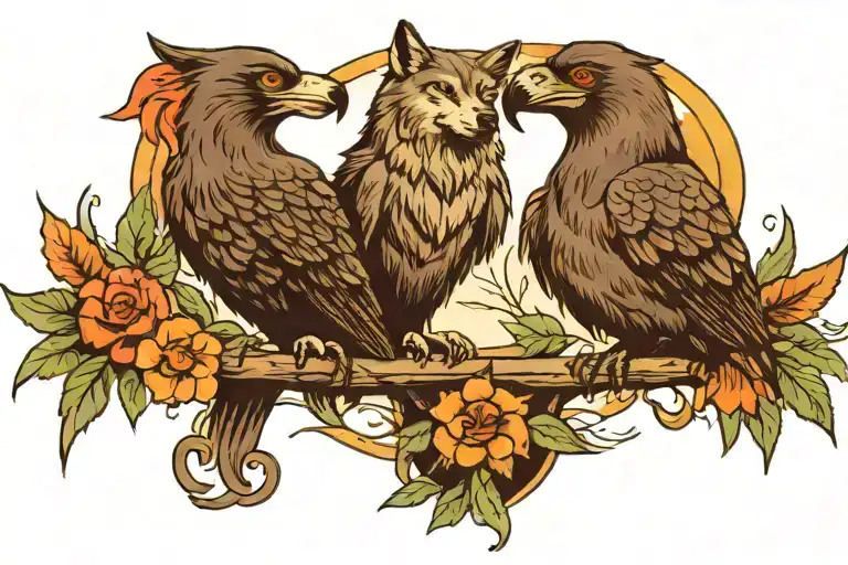 Wolf And A Raven Perched On A Stack