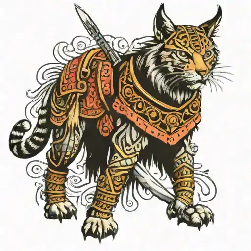 A Fierce Lynx Warrior Adorned With Traditional Slavian Armor And Weapons