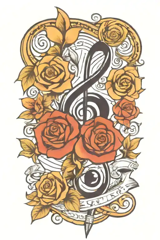 A Traditional Style Tattoo Featuring Musical Notes Intertwined With Symbols Of Love And Family