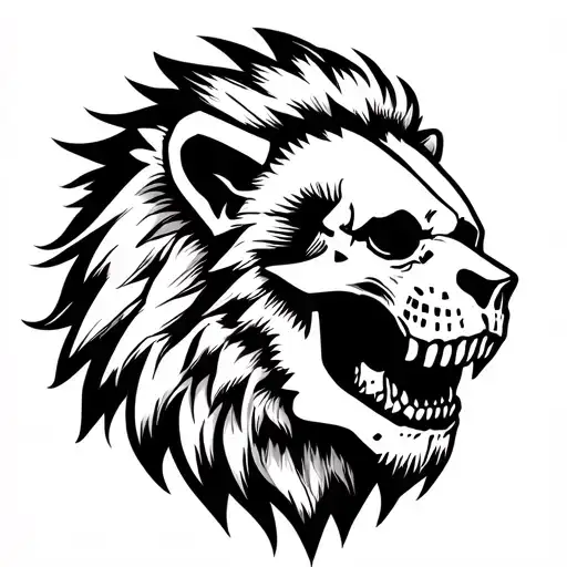 A Lion Head Facing Forward That Has A Terminator Type Skull Exposed Slightly From Scars And Fights