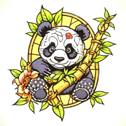 Stained Glass Cute Panda Bamboo Background