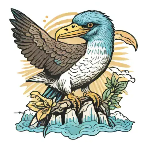 Tattoo Drawing Of A Blue-footed Booby With Chimborazo Mountain In The Background