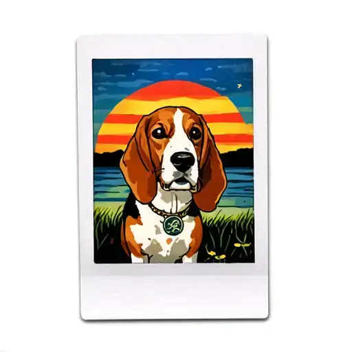 Polaroid Picture With A Beagle Basset Hound Dog And A Sunset