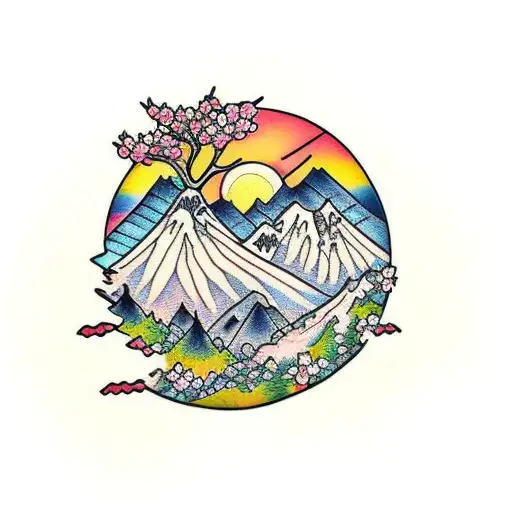 Cherry Blossom On A Mountain Sunset