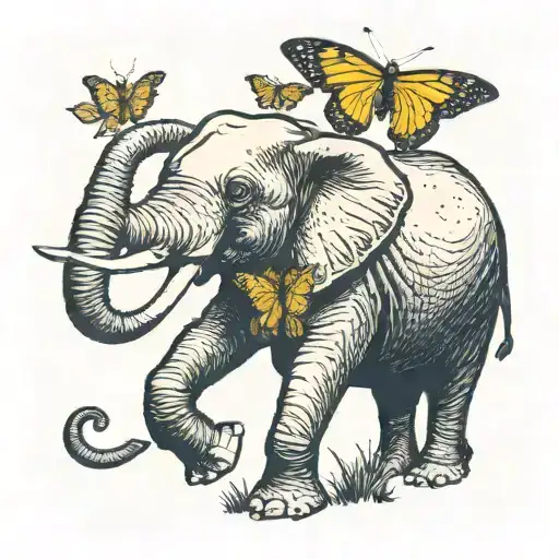 Elephant With Monarch Butterfly Landing On Tip Of Trunk