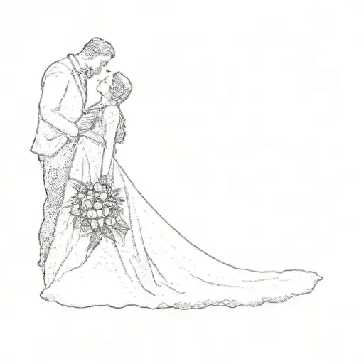 A Bride And Groom On The Beach At Sunset