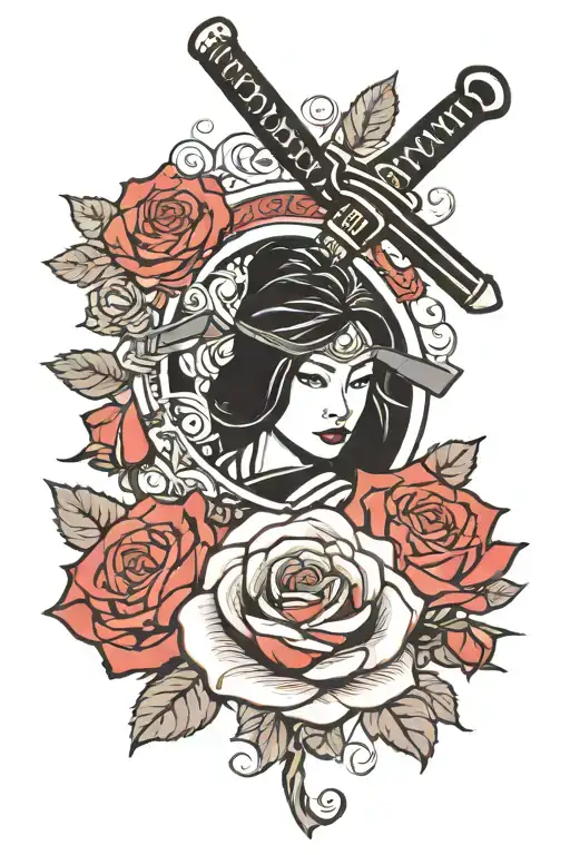 Short Black Katana And Red Rose Surrounded
