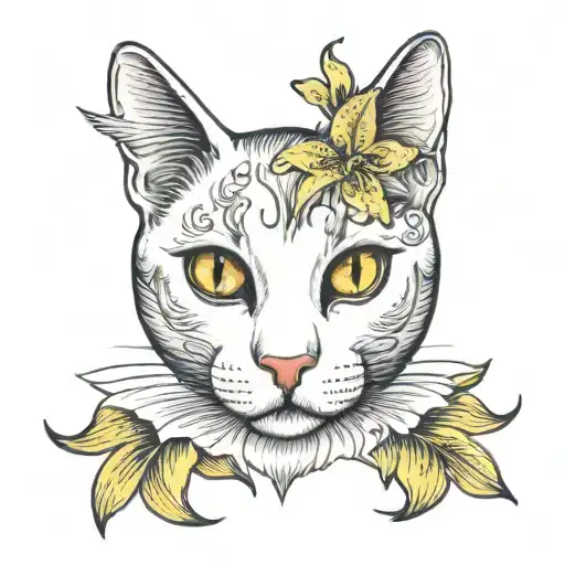 White Cat With Yellow Eyes And Lily Flower