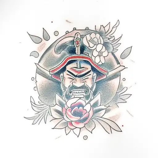 A Samurai Watering Flowers In A Garden